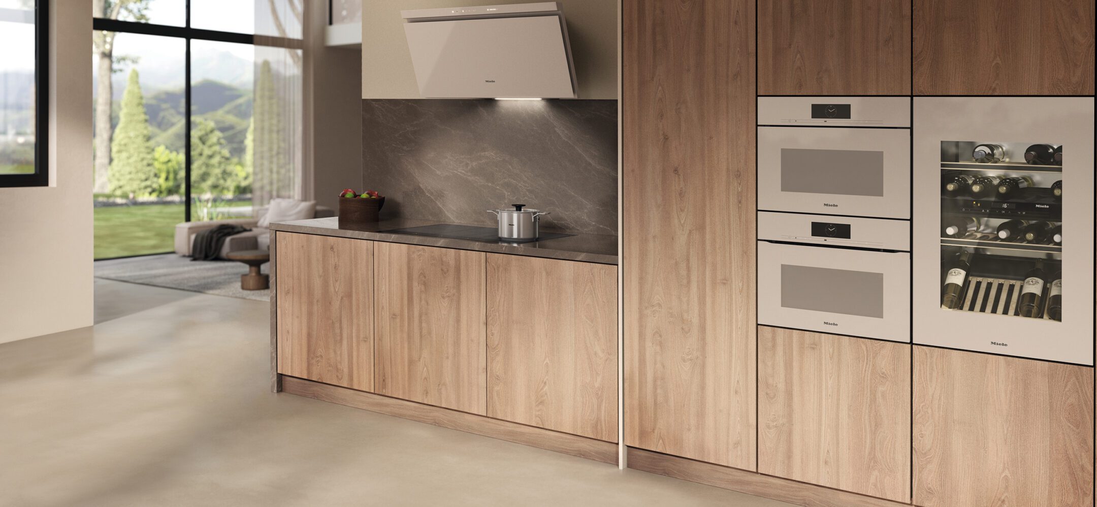 Holzküchenzeile mit Miele Einbaugeräten aus der Pearlbeige-Kollektion